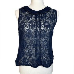Vera Wang Peter Pan Collar Lace Tank Top-Navy Blue